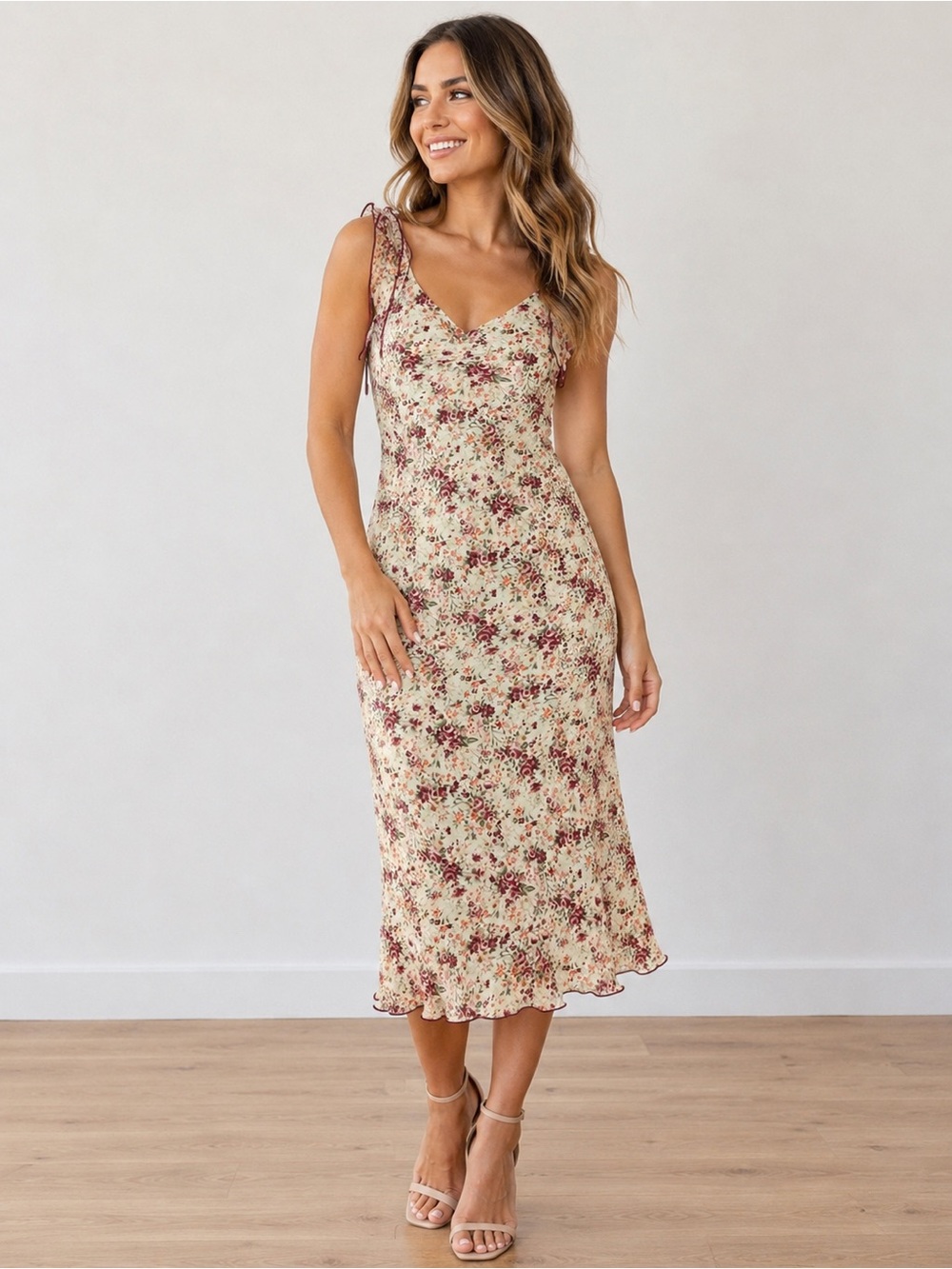 Jonathan Martin Floral Dress Cream Burgundy Tie Strap Midi Size 3 US S